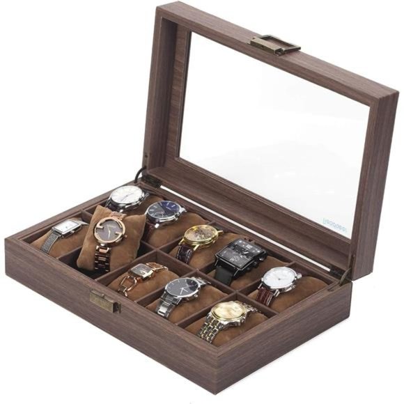10Slot PU Leather Watch Box Organizer Watch Case w/ Glass Top For Luxury Watches - Picture 1 of 6
